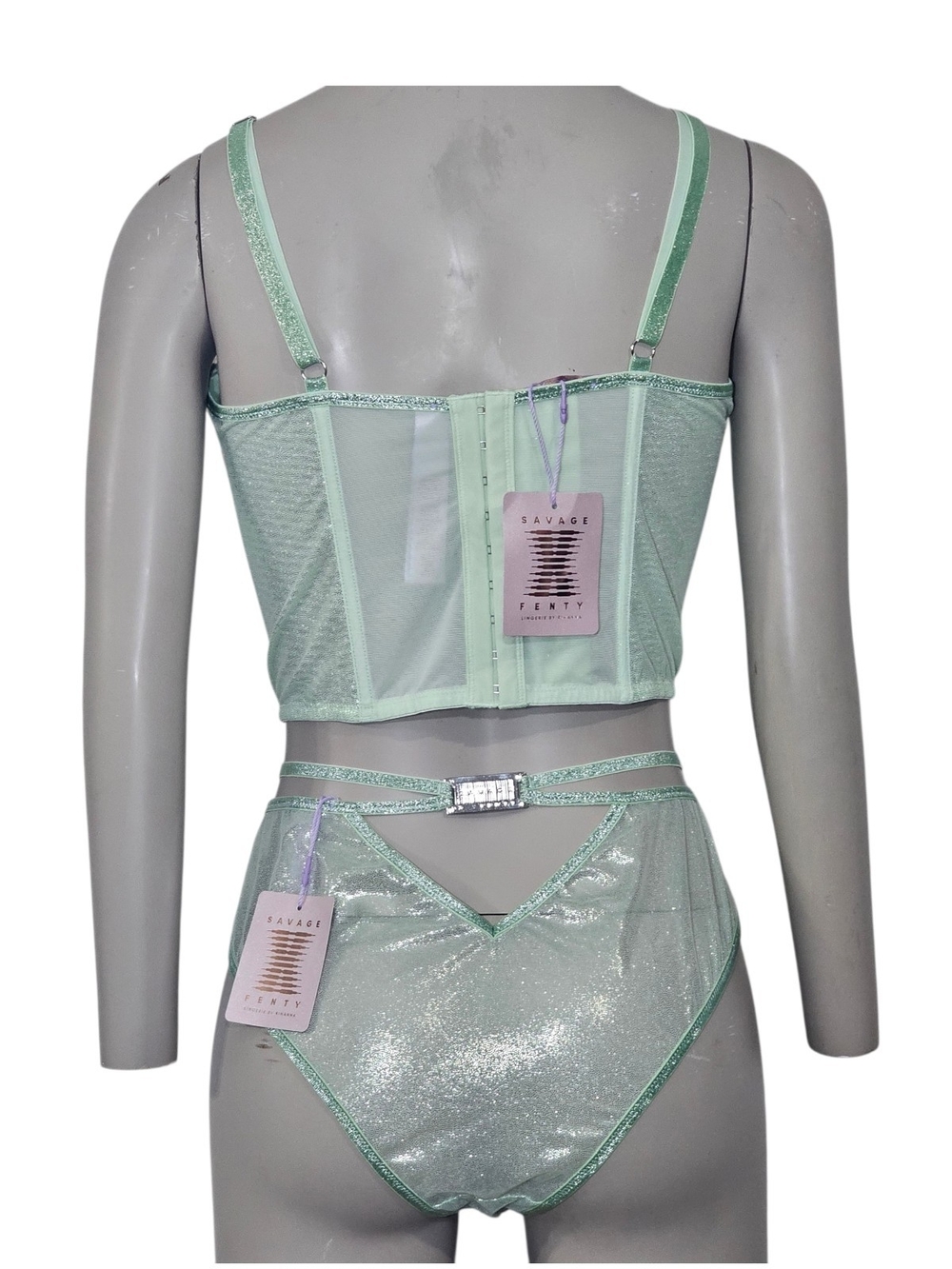 Savage X Fenty Mint Shimmer Underwire Bustier & Brief Set - Picture 2 of 6